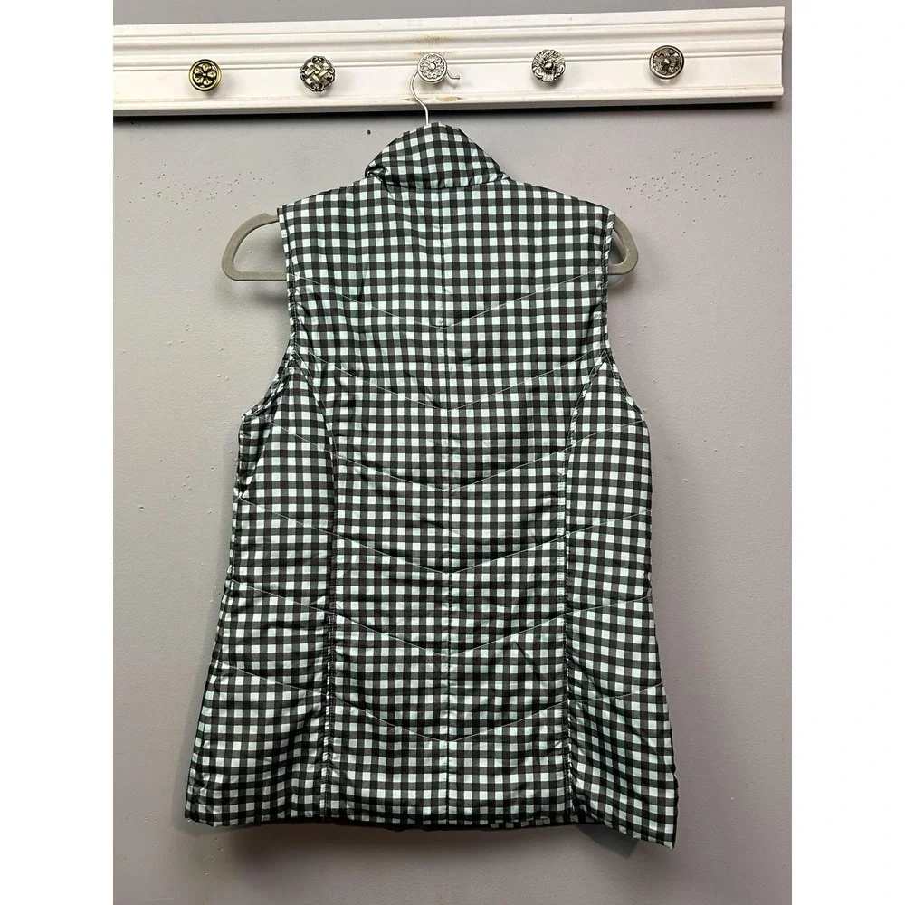 Kim Rogers Puffer Vest Womens Small Black Aqua Gingham Quilted Mock Neck Zip